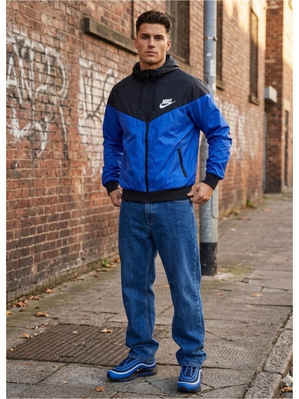 Nike Sportswear Iconic Swoosh Check Black Blue Hooded Windbreaker Jacket XXL